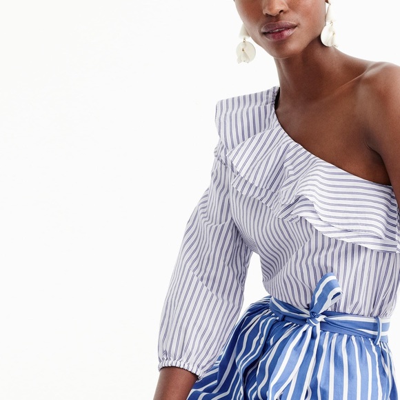 J. Crew Tops - J CREW | Striped One Shoulder Ruffle Blouse Size 8